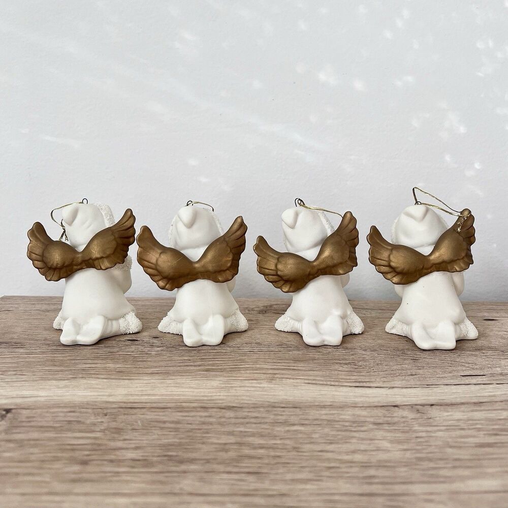 Brinn Bisque Vintage Set Of 4 Angels Christmas Ornaments Gold Wings 3 1/4” - Picture 2 of 11